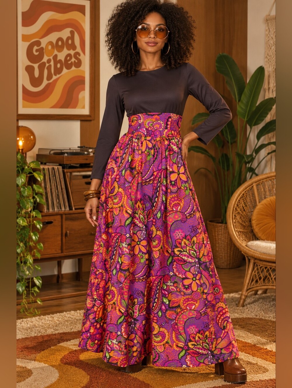 VTG 70s Montgomery Ward Psychedelic Paisley Palazzo Jumpsuit Sequin Wide Leg
